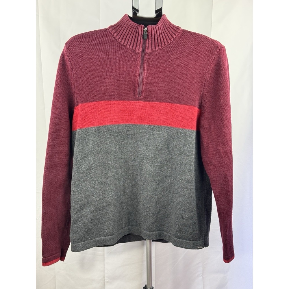 Eddie Bauer Mens M Colorblock Sweater Quarter Zip Pullover Cotton Red Gray